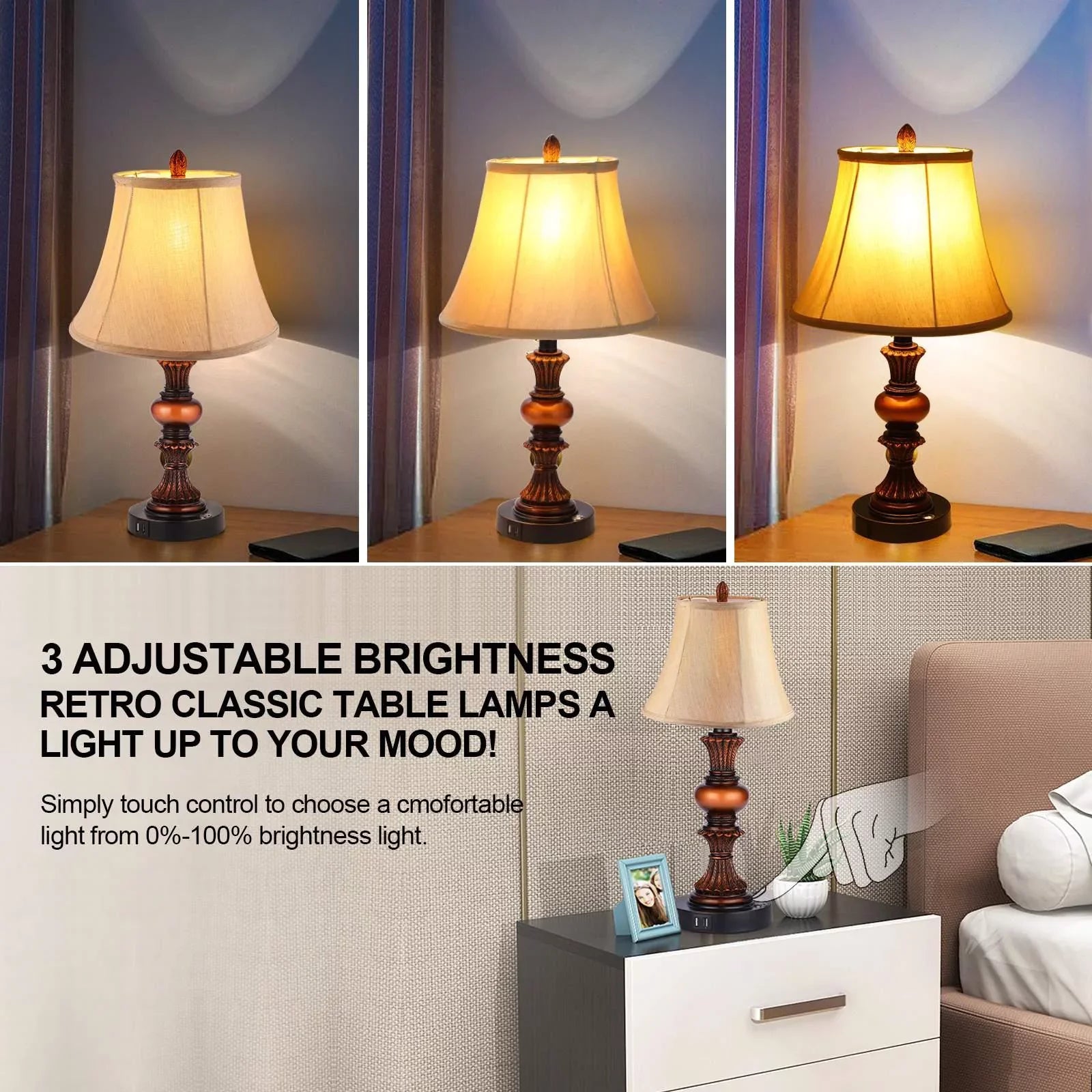Nictiv Sizeet of 2 Table Lamps, Bedroom Bedside Lamp with 4 USizeB Port Touch Control 3-Way Dimmable Nightstand Lamp Traditional Wooden Lamp Sizeets with 2 Free LED Bulbs