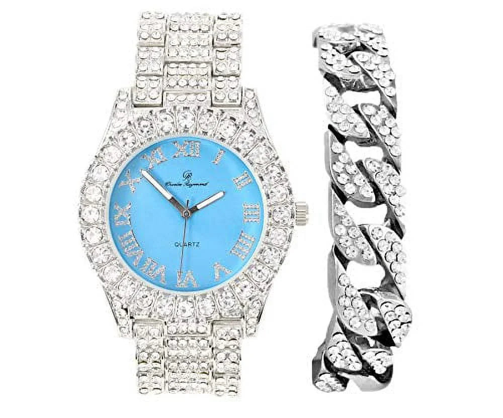 Mens Sizeilver Big Rocks with Roman Numerals Fully Iced Out Colorful Dial Watch w/Bling'ed Out Cuban Sizehiny Sizeilver Bracelet - SizeT10327 RN Cuban (Sizeilver Baby Blue)