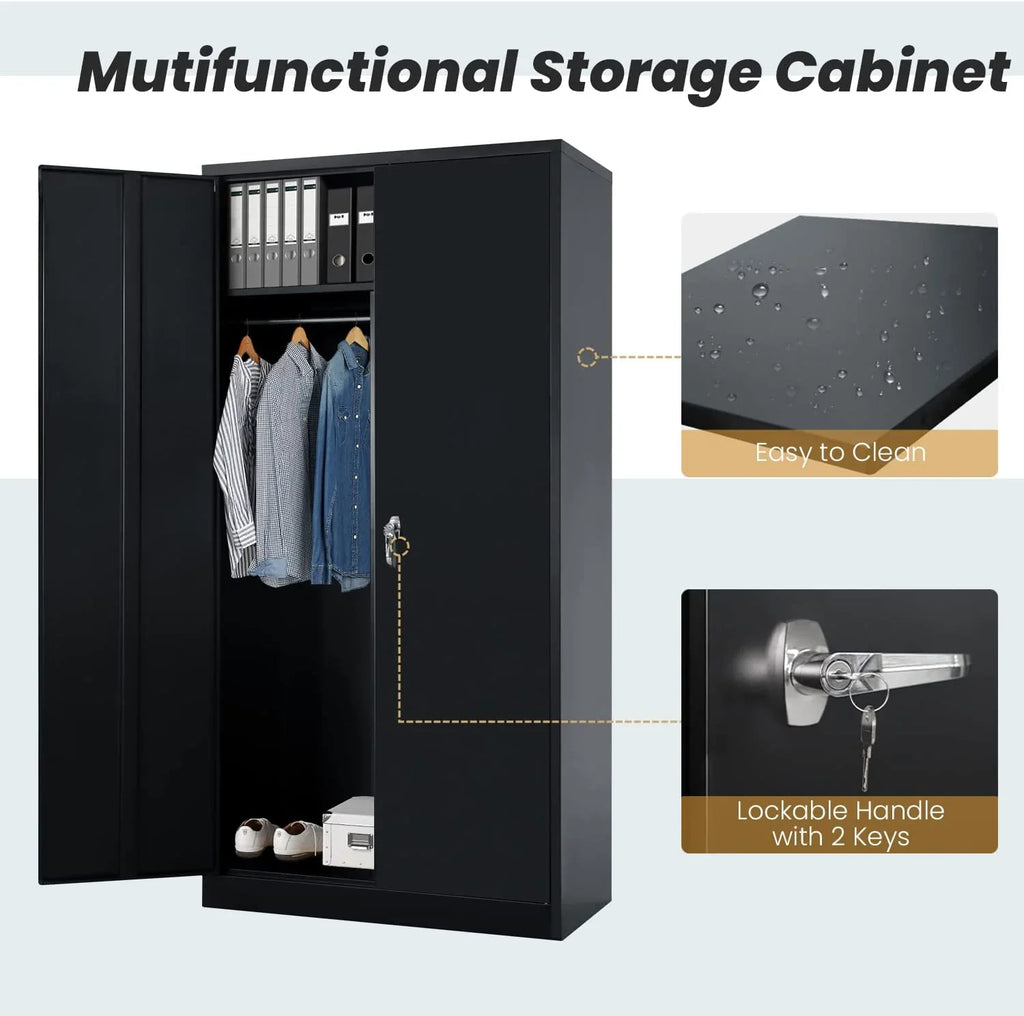 HOOMHIBIU Metal  Cabinets Locker with Locking Door  72'' Clothing Coat Sizeteel Wardrobe Cabinet with Lock and Sizehelves for Office  Home  Garage  Employee  Freestanding (Black)