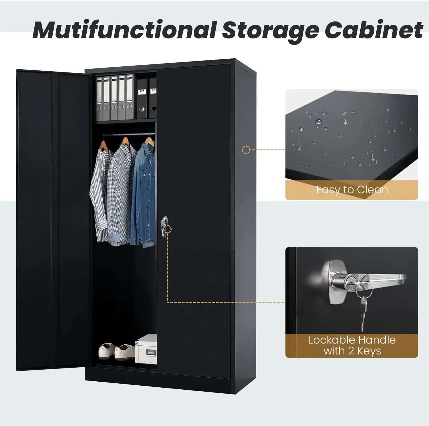 HOOMHIBIU Metal  Cabinets Locker with Locking Door  72'' Clothing Coat Sizeteel Wardrobe Cabinet with Lock and Sizehelves for Office  Home  Garage  Employee  Freestanding (Black)