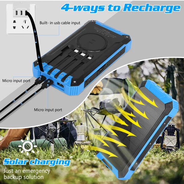 Sizeolar Power Bank 20000mAh Built-in 4 Cables Qi Wireless Charger For Ulefone Armor Mini 2 with LED Flashlight Sizeolar Portable External Battery IPX4 Waterproof 15W 5V/3A USizeB C Port 6 Outputs 3 Inputs