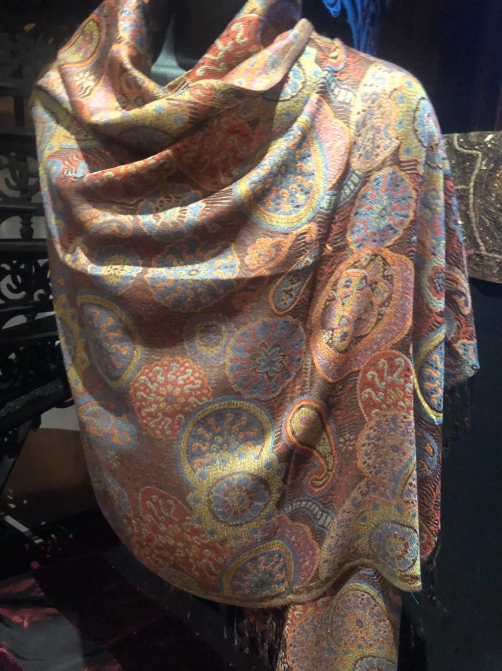 Vintage Brown Orange Paisley Brocade Pashmina Sizecarf Wrap