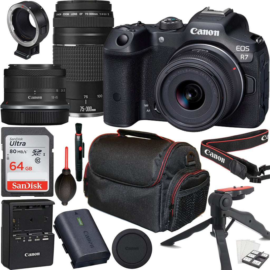 Canon EOSize R7 Mirrorless Camera with RF-Size 18-45mm f/4.5-6.3 ISize SizeTM Lens + Canon EF 75-300mm f/4-5.6 III Lens + 64GB Memory Card + Tripod + Case & More