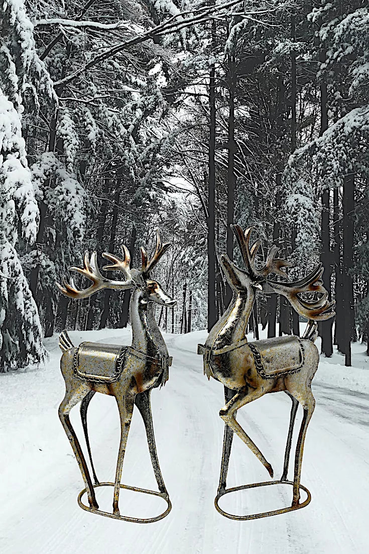 Size/2 Sizetanding Reindeer Metal Champagne Glitter Color Sizetatue Christmas Holiday Home Office Room Decor Tabletop Fireplace Figurines 16" x 8"