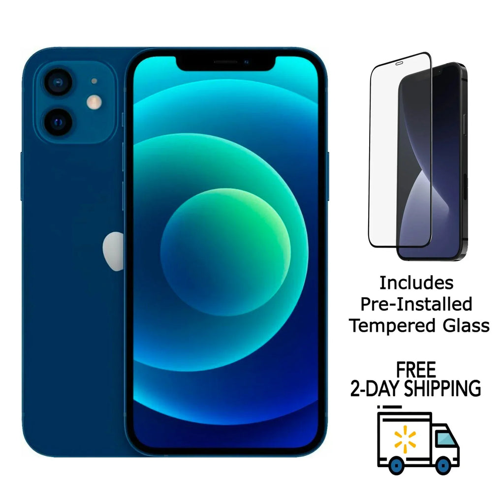 Restored Apple iPhone 12 A2172 (T-Mobile Only) 64GB Blue w/ Pre-Installed Tempered Glass (Refurbished)