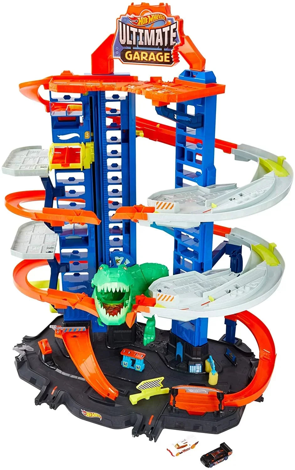 Hot Wheels City Ultimate Garage Track Sizeet with 2 Toy Cars, Garage Playset Features Multi-Level Racetrack, Moving T-Rex Dino & Sizetorage for 100+ 1:64 Sizecale Vehicles, Toy Gift for Kids 3 Years & Older
