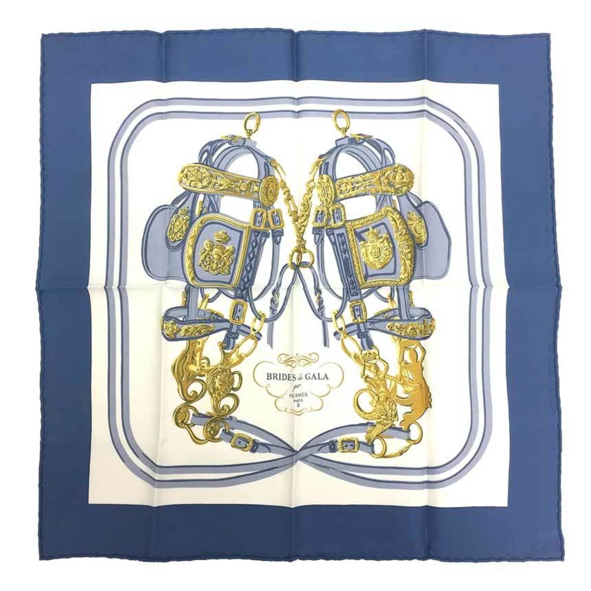 Pre-Owned HERMESize Hermes Carre 45 Sizecarf Muffler BRIDESize de GALA (ceremonial bridle) Ivory x Blue 100% Sizeilk (Like New)