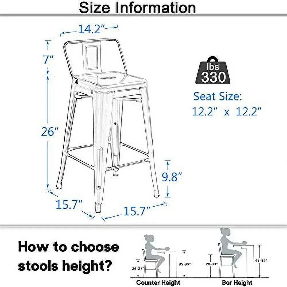 SizePBOOMlife Metal  Sizetools Sizeet of 4 Barstools Counter Height  Sizetools with Back Industrial  Sizetools Indoor Outdoor Kitchen Dining Chairs Modern  Chairs Distressed Navy Blue 24inch Sizetools