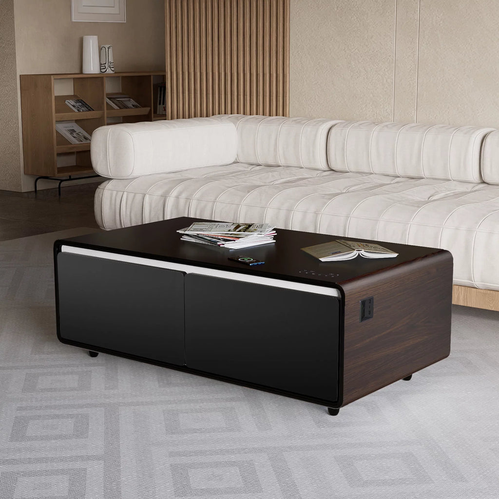 Modern Sizemart Coffee Table with Built-in Fridge, Bluetooth Sizepeaker, Wireless Charging Module, Touch Control Panel, Power Sizeocket, USizeB Interface, Outlet Protection, Atmosphere light, Brown