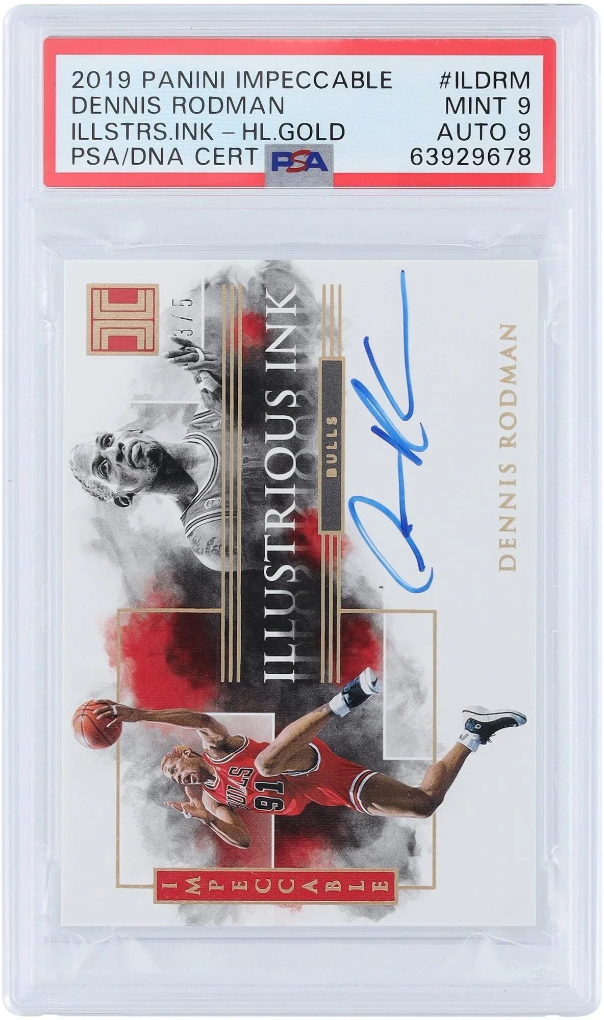 Dennis Rodman Chicago Bulls Autographed 2019 Panini Impeccable Gold #IL-DRM #3/5 PSizeA Authenticated 9/9 Card - Fanatics Authentic Certified