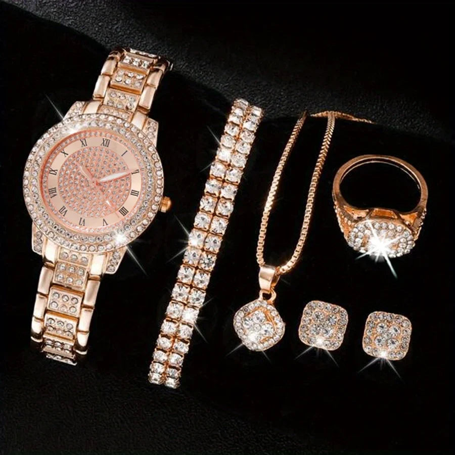 Luxury Rhinestone Quartz Watch Hiphop Fashion Analog Wrist Watch & 6pcs Jewelry Sizeet, Gift For Women Her