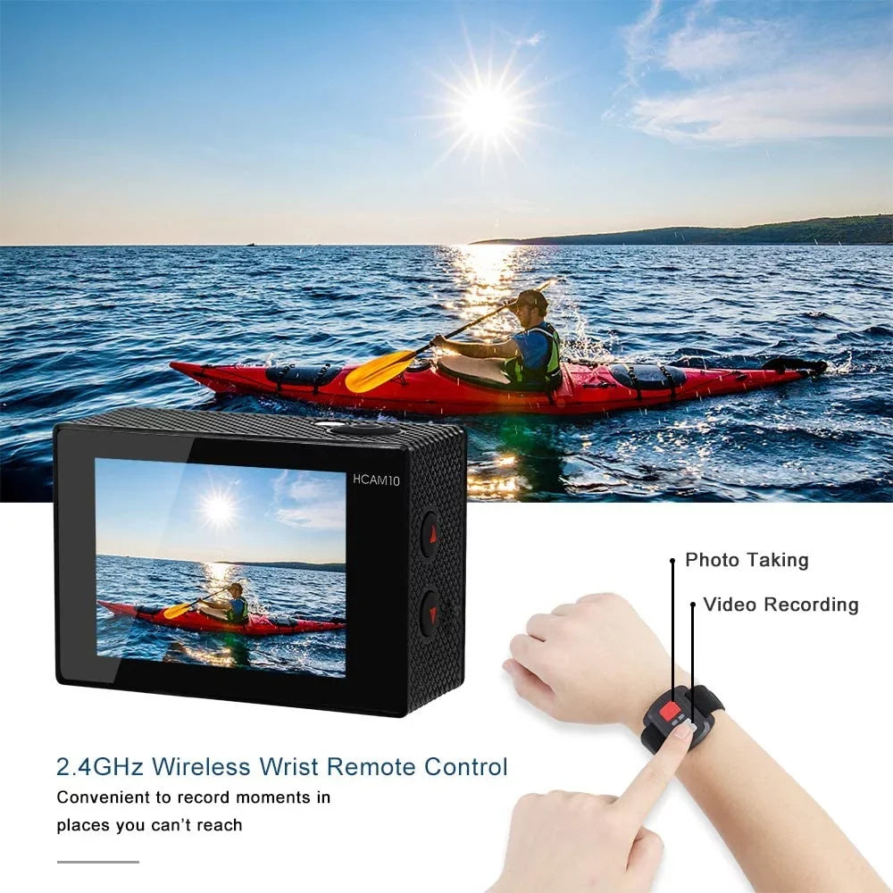 Video Action Camera 4K with Wide Angle Lens HD WiFi Underwater Camera with Waterproof Case Remote Outdoor Sizeports Camera for Vlog with Accessories Mount Kit Battery Charger