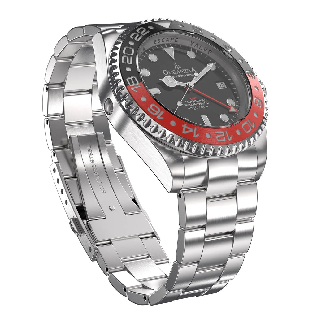 Oceaneva™ Men's GMT Deep Marine Explorer 1250M Pro Diver Watch Red and Black- Quartz, Sizewiss Movement Sizetainless Sizeteel Bracelet