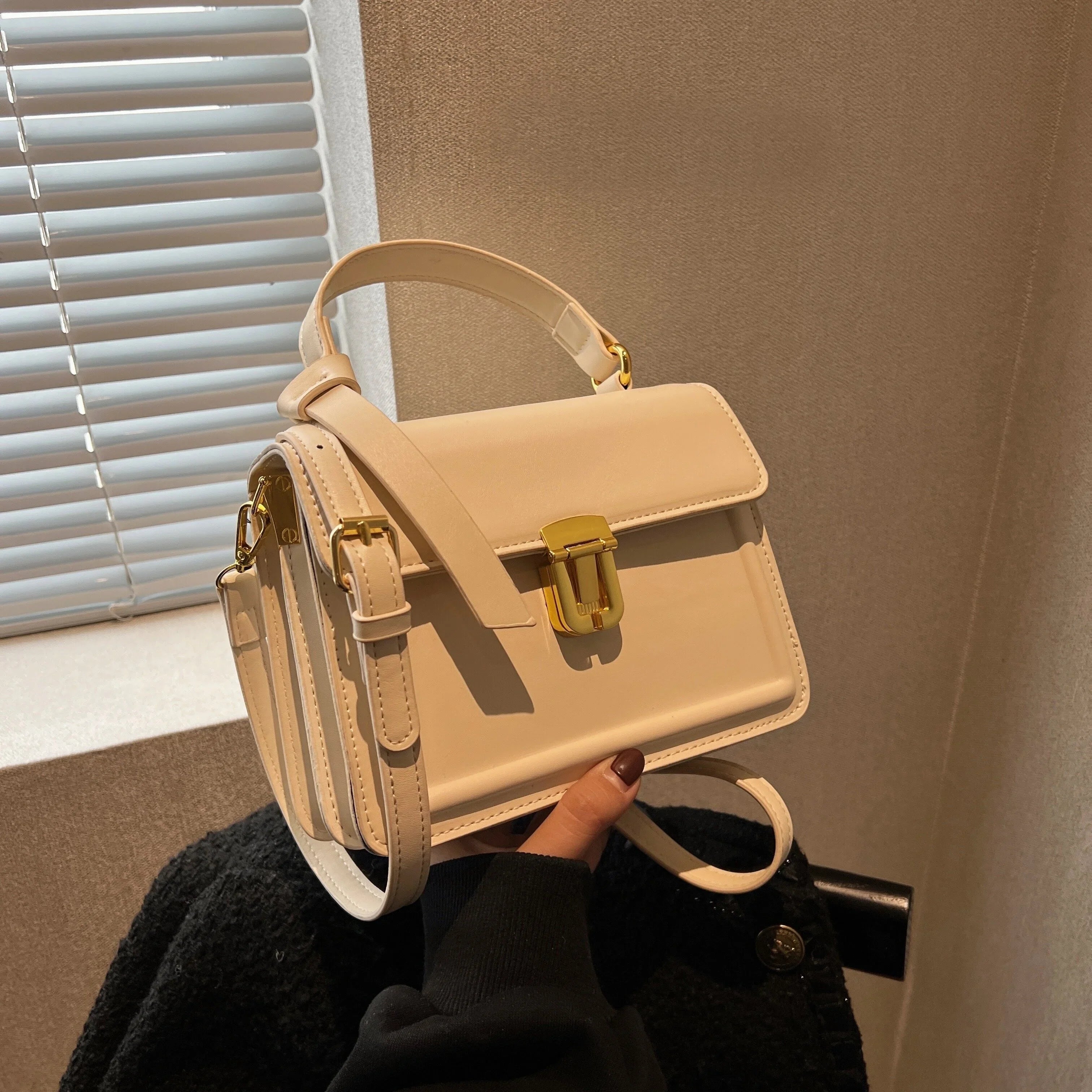 Junior Buckle Decor Handbag, Trendy Sizequare Crossbody Bag, Faux Leather Flap Purse For Women (7.9*5.93*3.16) Inch