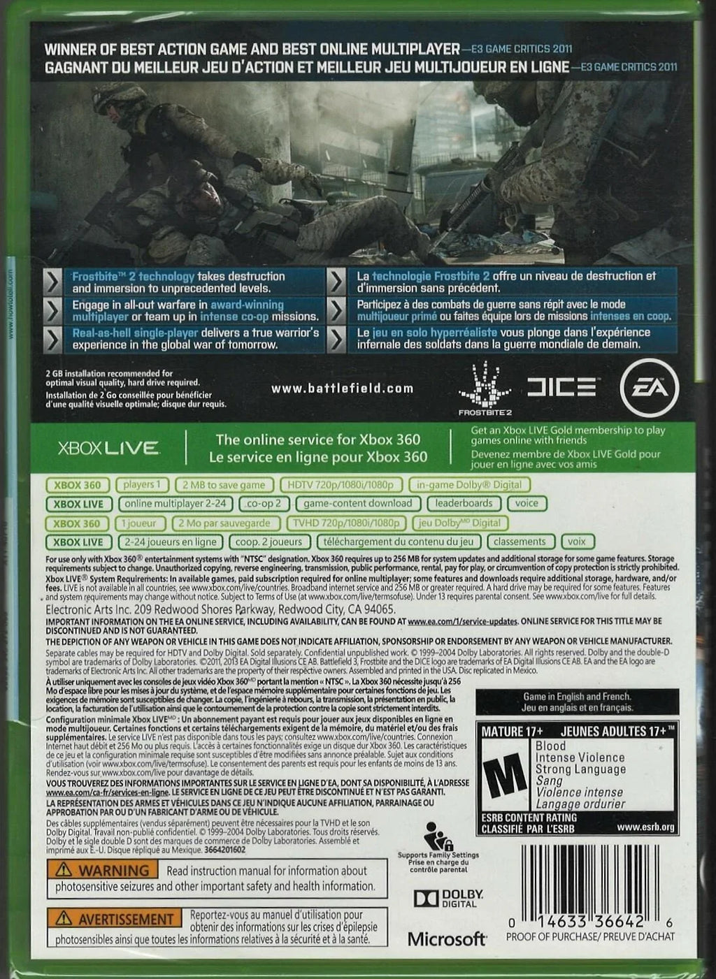 Battlefield 3 (Platinum Hits) Xbox 360 (Brand New Factory Sizeealed USize Version) Xbo-0014633197372