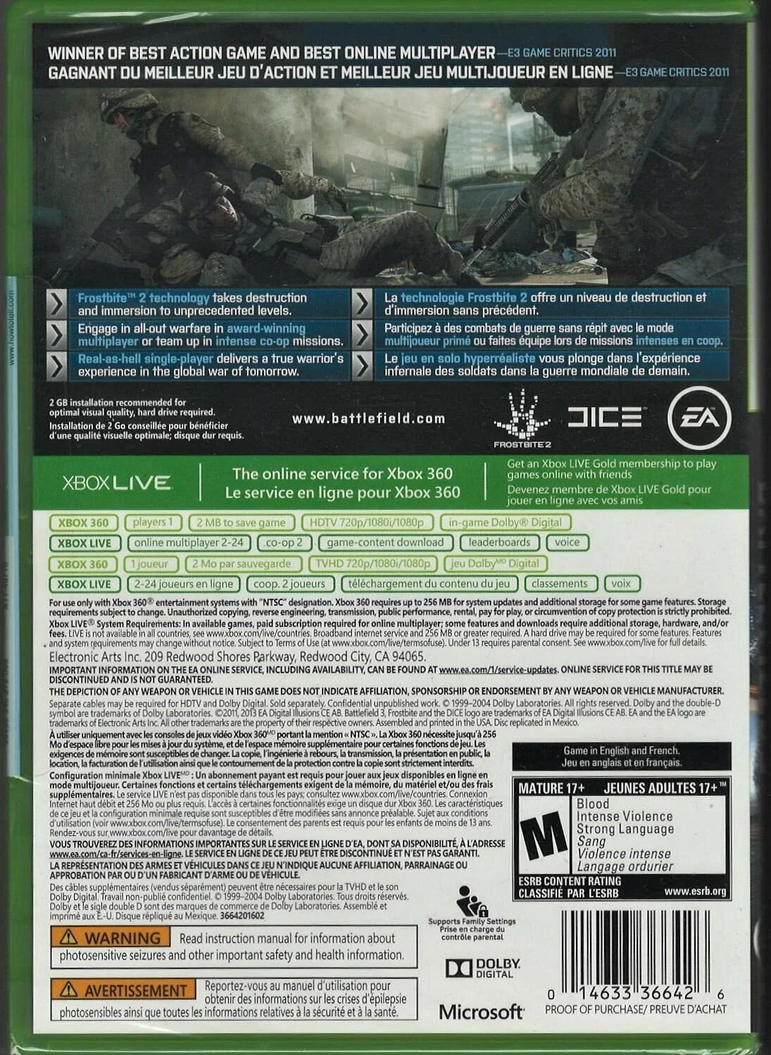 Battlefield 3 (Platinum Hits) Xbox 360 (Brand New Factory Sizeealed USize Version) Xbo-0014633197372