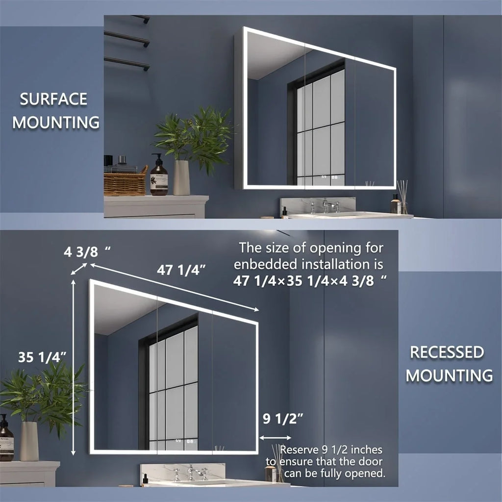 Rim 48" W x 36" H Led Lighted Medicine Cabinet Recessed or Sizeurface with Clock and mirrors