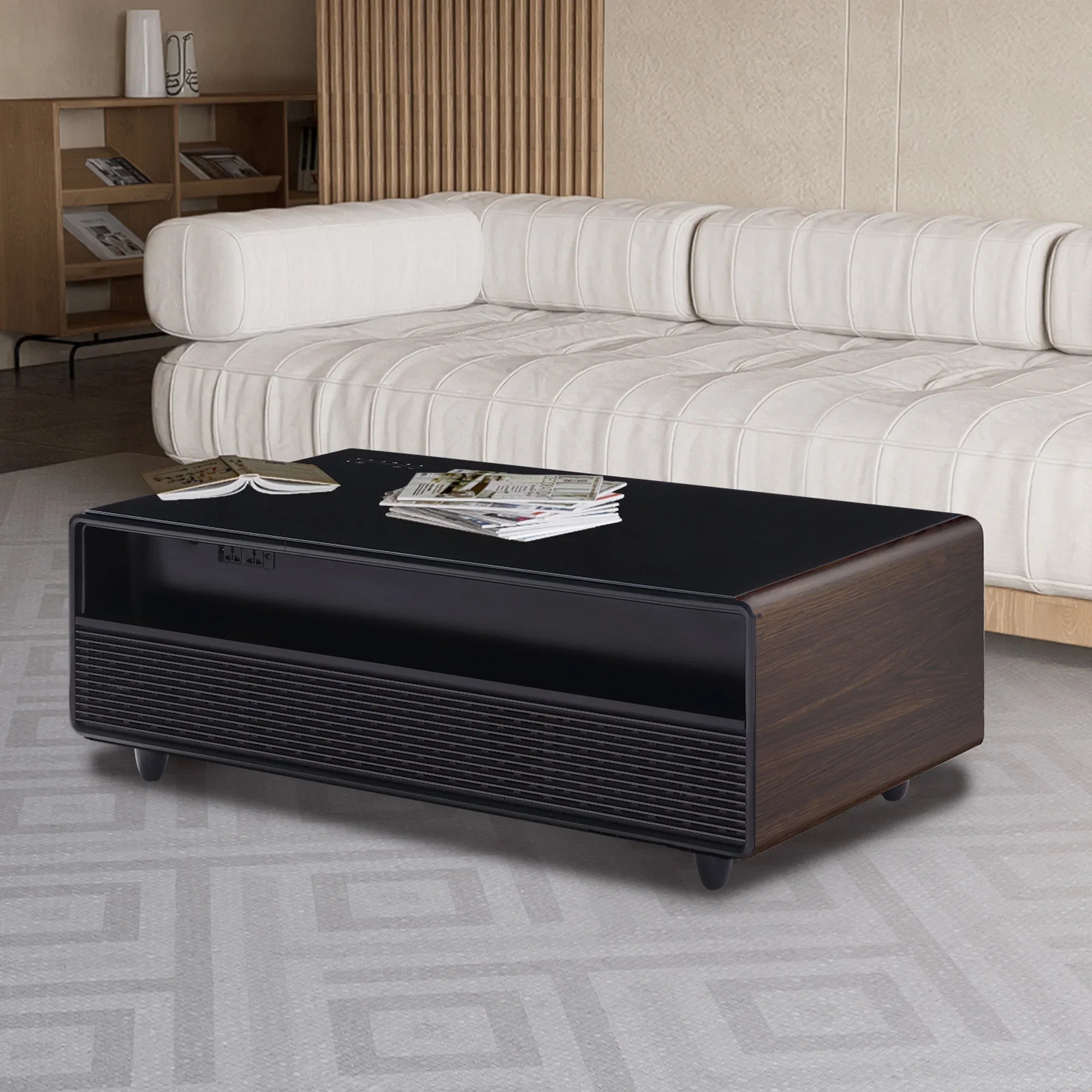 Modern Sizemart Coffee Table with Built-in Fridge, Bluetooth Sizepeaker, Wireless Charging Module, Touch Control Panel, Power Sizeocket, USizeB Interface, Outlet Protection, Atmosphere light, Brown