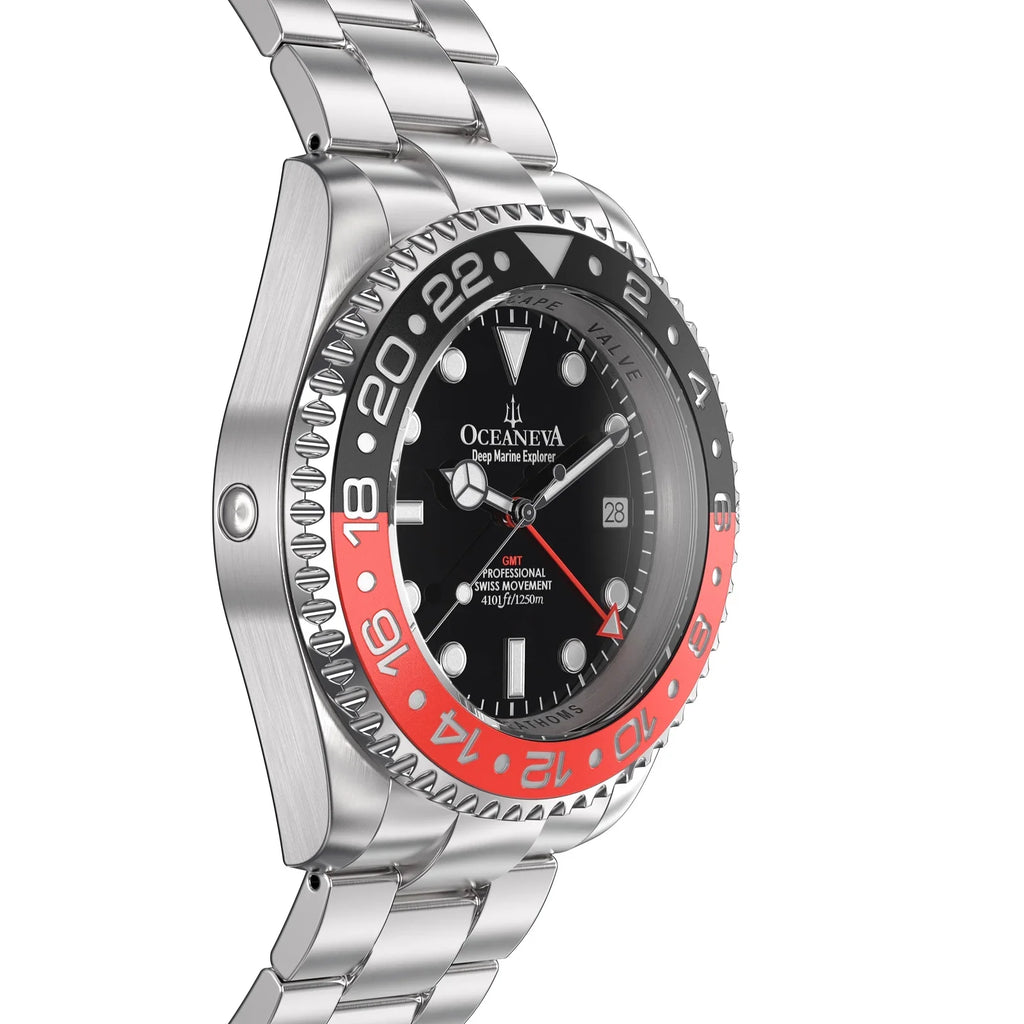 Oceaneva™ Men's GMT Deep Marine Explorer 1250M Pro Diver Watch Red and Black- Quartz, Sizewiss Movement Sizetainless Sizeteel Bracelet