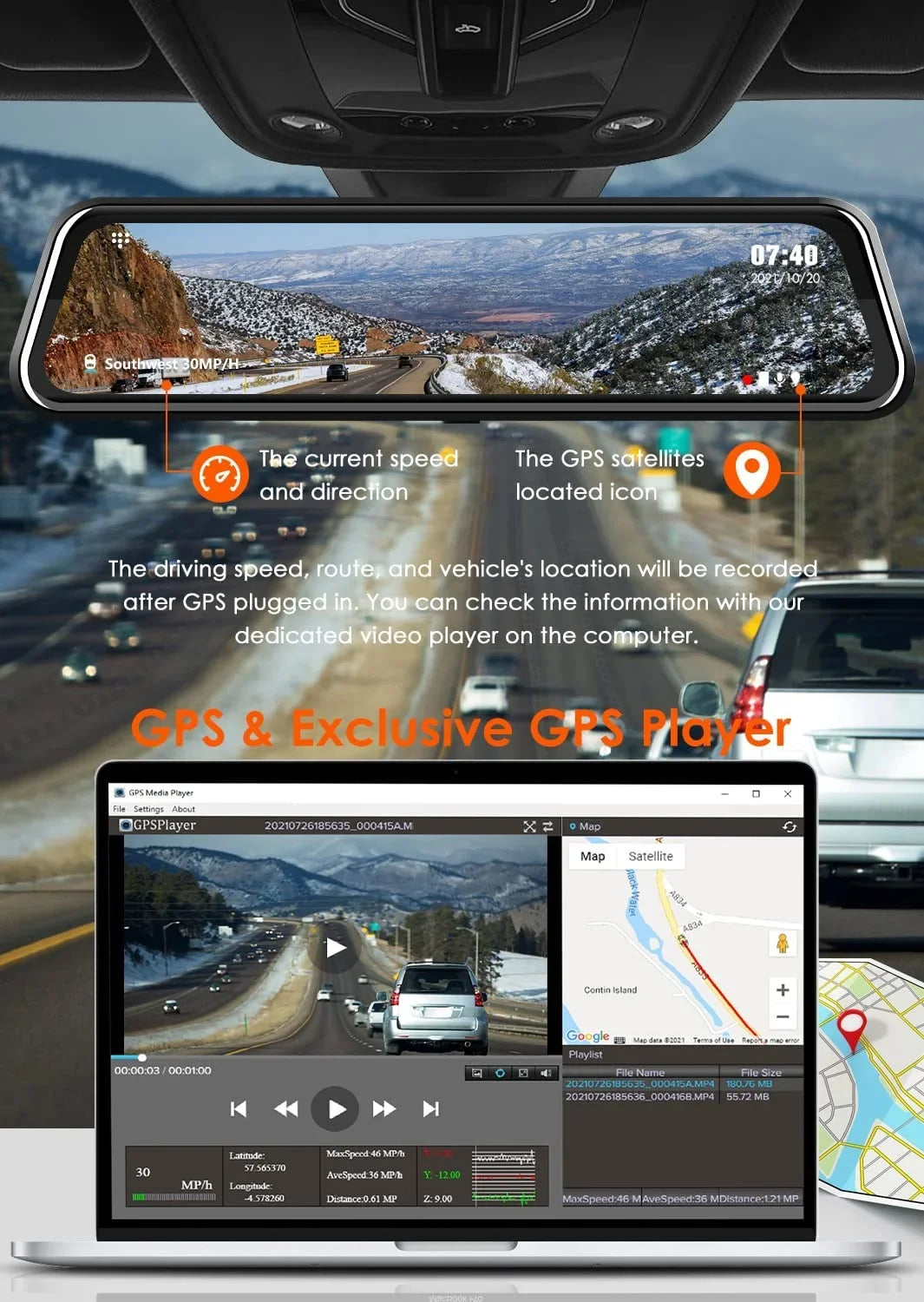 WOLFBOX Rear View Mirror Camera, 2.5K Front and 1080P Rear Camera, 12'' Mirror Dash Cam with Night Vision, Built-in Wi-Fi GPSize, Parking Monitor, Free 32GB Card