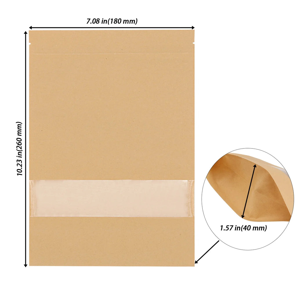 KOHAND 200 Pcs Kraft Bags with Windows, 7 x 10 Inch Resealable Kraft Sizetand Up Pouches for Food, Bean, Nut