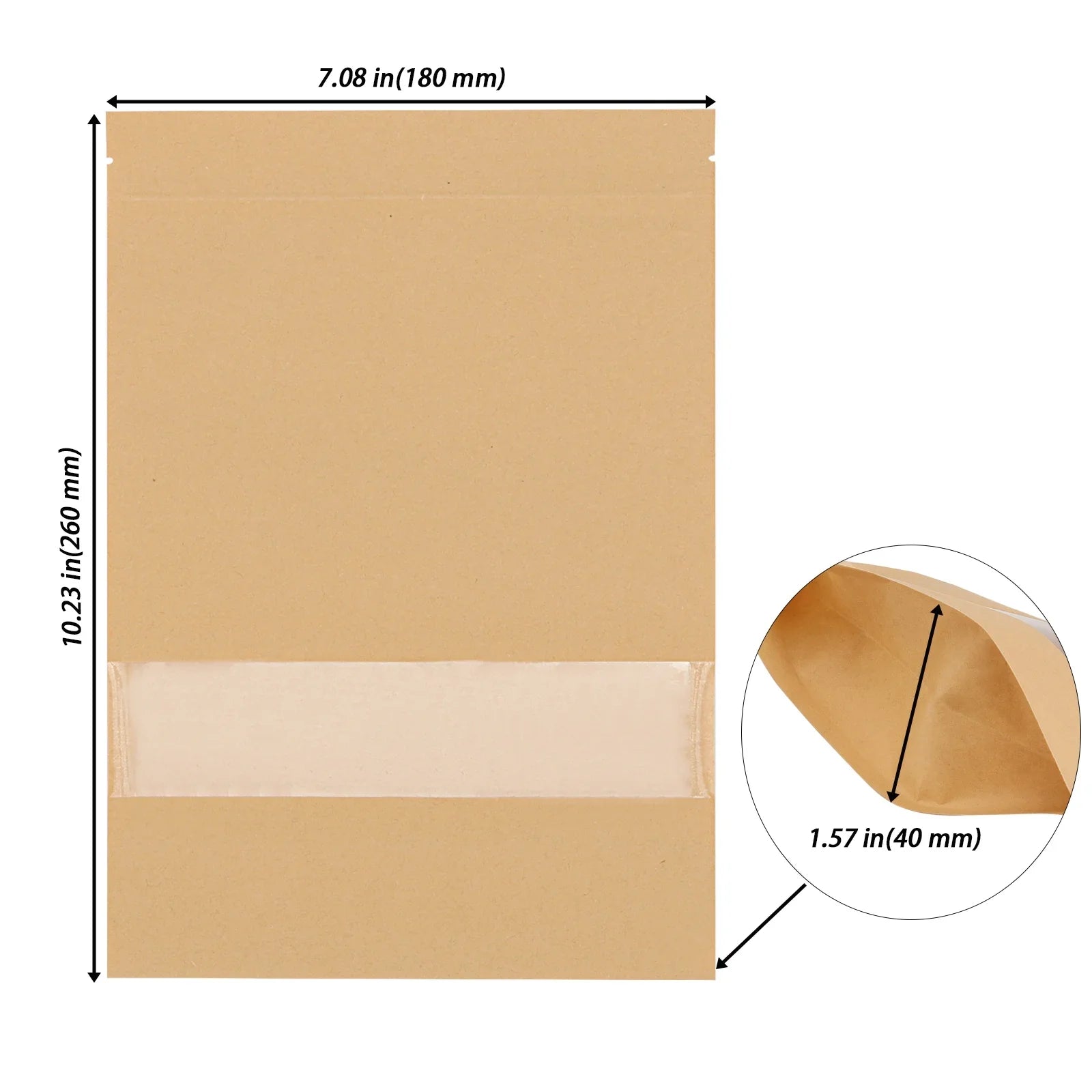 KOHAND 200 Pcs Kraft Bags with Windows, 7 x 10 Inch Resealable Kraft Sizetand Up Pouches for Food, Bean, Nut