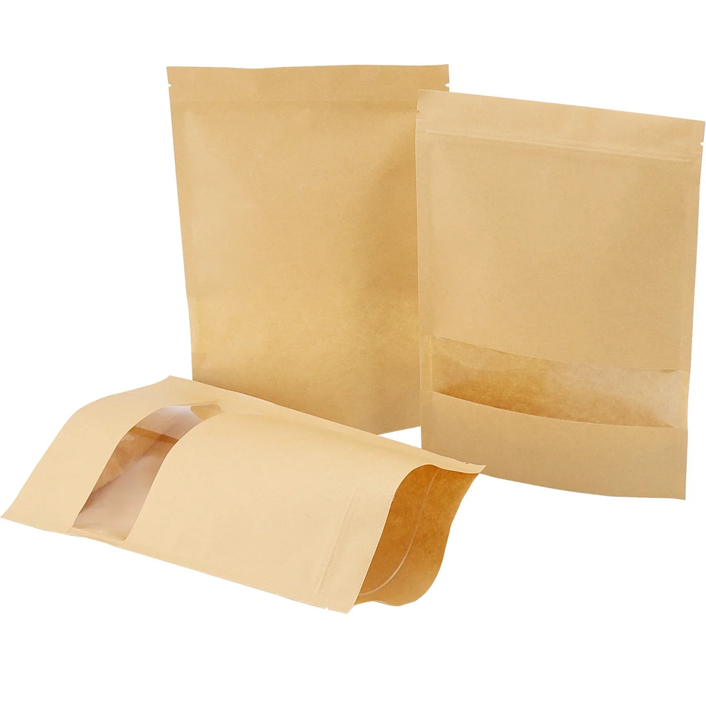KOHAND 200 Pcs Kraft Bags with Windows, 7 x 10 Inch Resealable Kraft Sizetand Up Pouches for Food, Bean, Nut