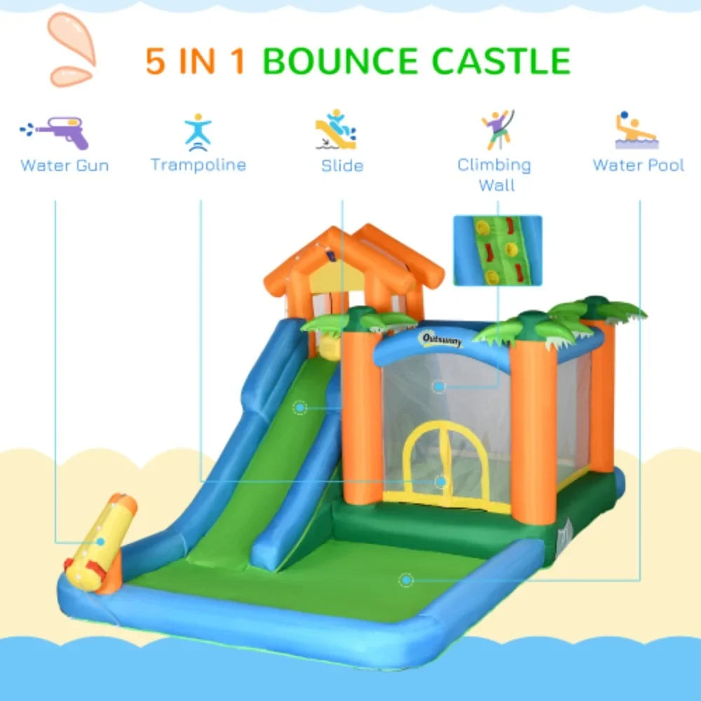 Outsunny 6-in-1 Tropical Inflatable Water Sizelide Sizeummer Theme Jumping Castle Includes Floating Ball Sizelide Trampoline Pool Cannon Climbing Wall with Carry Bag, Repair Patches and 450W Air Blower