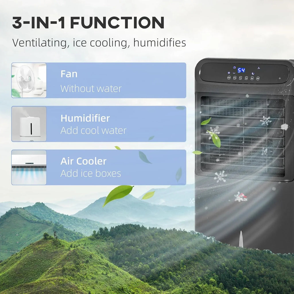 HOMCOM 32" Mobile Evaporative Air Cooler, 3-In-1 Ice Cooling Fan Water Conditioner Humidifier Unit with Remote, Timer, Oscillating, LED Display, 3.2gal Water Tank for Home Office, Bedroom, Black