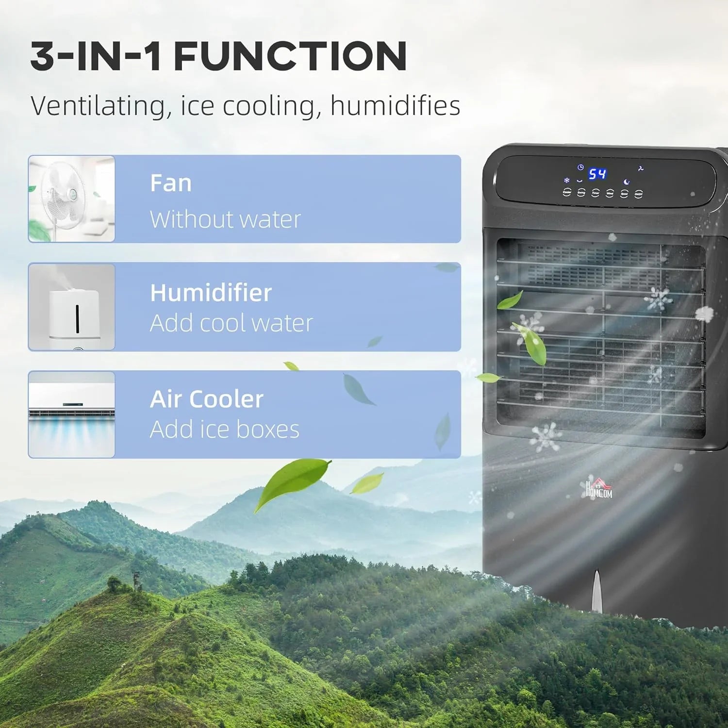 HOMCOM 32" Mobile Evaporative Air Cooler, 3-In-1 Ice Cooling Fan Water Conditioner Humidifier Unit with Remote, Timer, Oscillating, LED Display, 3.2gal Water Tank for Home Office, Bedroom, Black