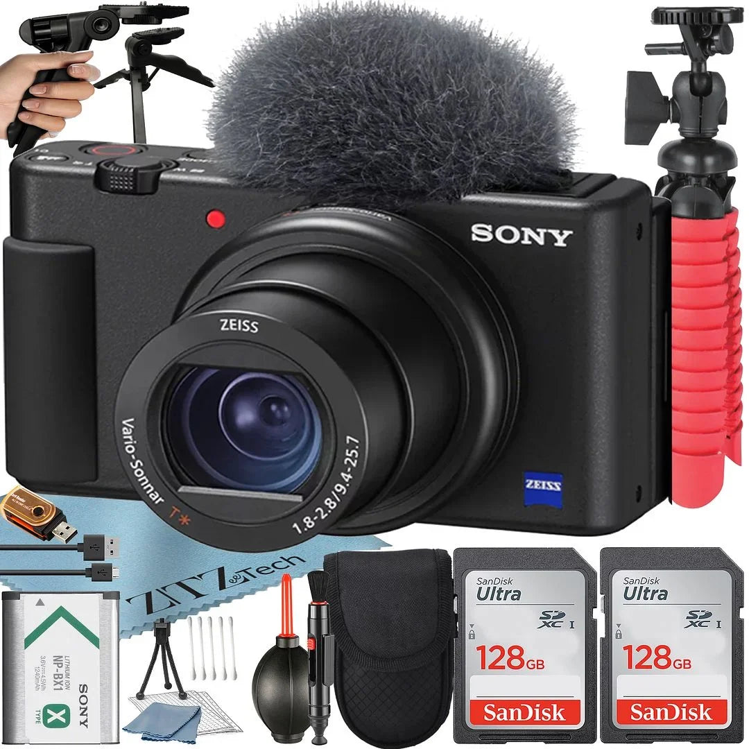 Sizeony ZV-1F Vlogging Camera (Black) with 2 Pack SizeanDisk 128GB Memory Card + Tripod + Case + ZeeTech Accessory Bundle