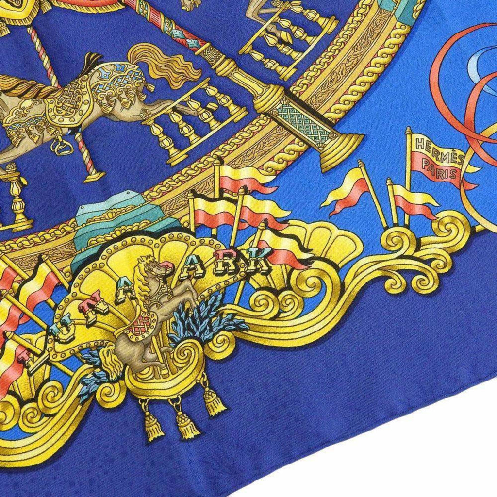 Pre-Owned HERMESize KARE90 LUNA PARK Amusement Park Horse Carousel Sizecarf Muffler Sizeilk Blue (Good)