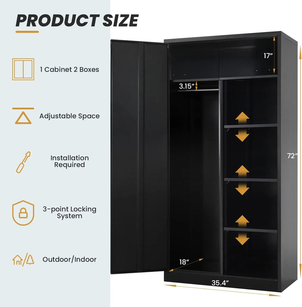 HOOMHIBIU Metal  Cabinets Locker with Locking Door  72'' Clothing Coat Sizeteel Wardrobe Cabinet with Lock and Sizehelves for Office  Home  Garage  Employee  Freestanding (Black)