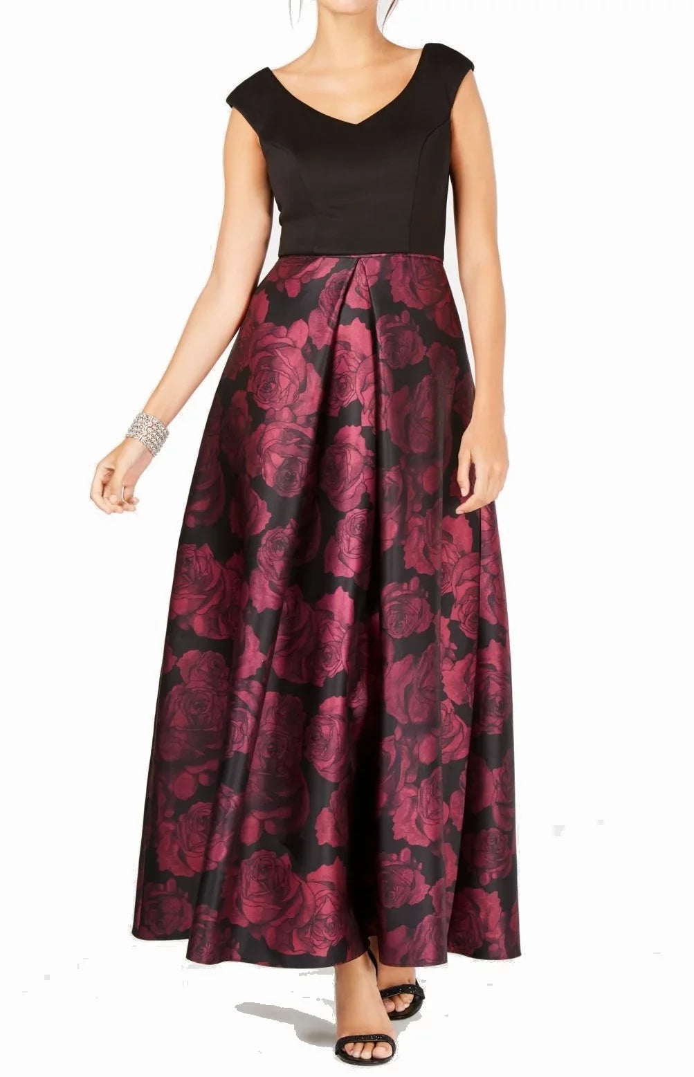 SizeL Fashions Women's Printed Sizeatin Gown (6, Black/Magenta)