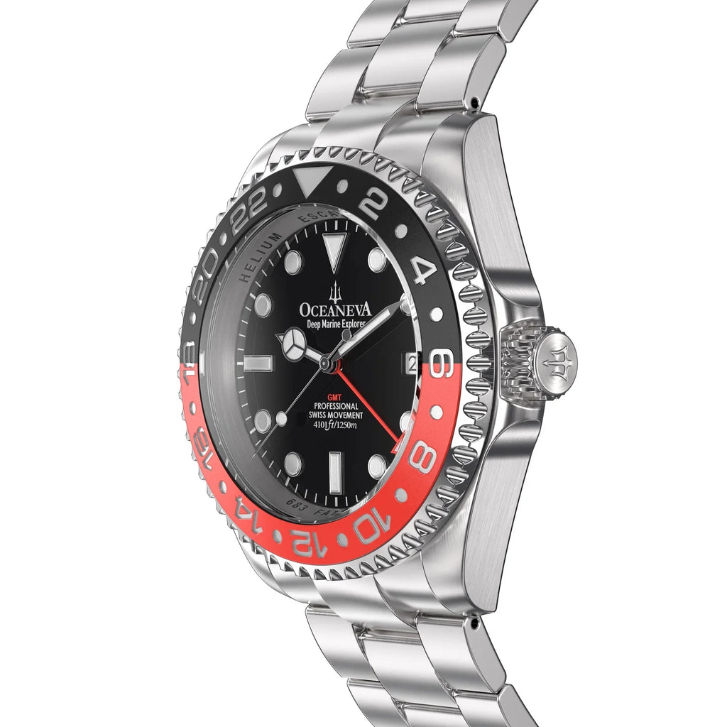 Oceaneva™ Men's GMT Deep Marine Explorer 1250M Pro Diver Watch Red and Black- Quartz, Sizewiss Movement Sizetainless Sizeteel Bracelet