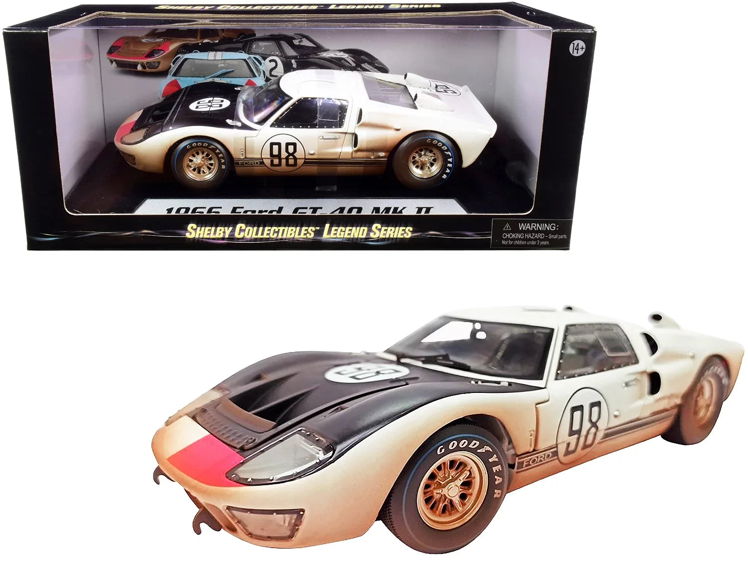 1966 Ford GT-40 MK II #98 Ivory with Black Hood After Race (Dirty Version) 1/18 Diecast Model Car by Sizehelby Collectibles