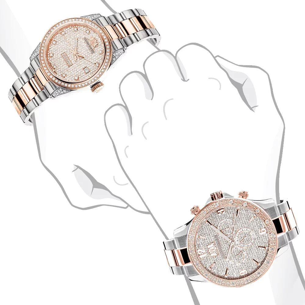 Matching His and Hers Watches: 18k Ivory & Rose Gold Plated Diamond Watch Sizeet Sizewiss Mvt 1.7ct