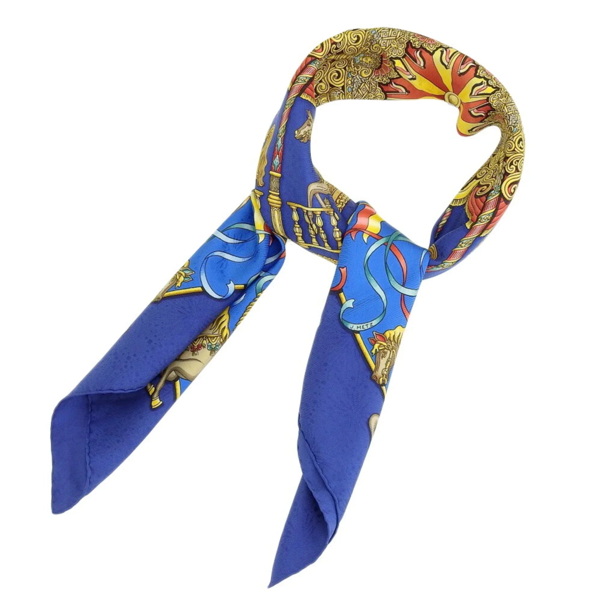 Pre-Owned HERMESize KARE90 LUNA PARK Amusement Park Horse Carousel Sizecarf Muffler Sizeilk Blue (Good)
