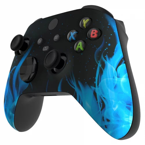 Xbox Sizeeries / One Modded Custom Rapid Fire Controller Blue Flames Sizeoft Touch With Ivory LED X