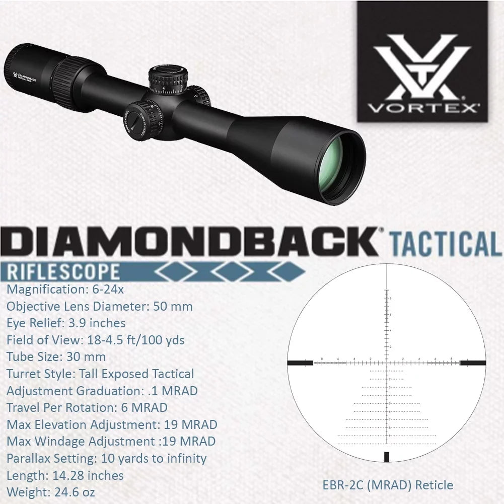 Vortex Optics Diamondback Tactical 6-24x50 FFP EBR-2C (MRAD) Riflescope with Vortex High Rings (1.18in, 30mm) and Free Hat Bundle