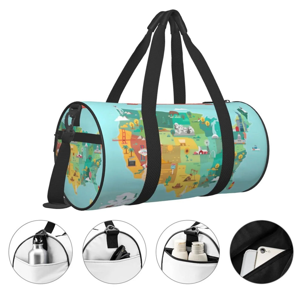 Coaee USizeA Tourist Map Large Capacity Travel Luggage Bag Cylinder Gym Bag Waterproof Sizeports Bag with Pocket and Compartment