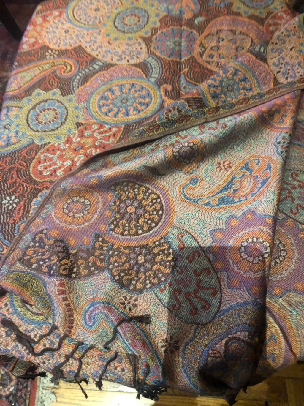 Vintage Brown Orange Paisley Brocade Pashmina Sizecarf Wrap