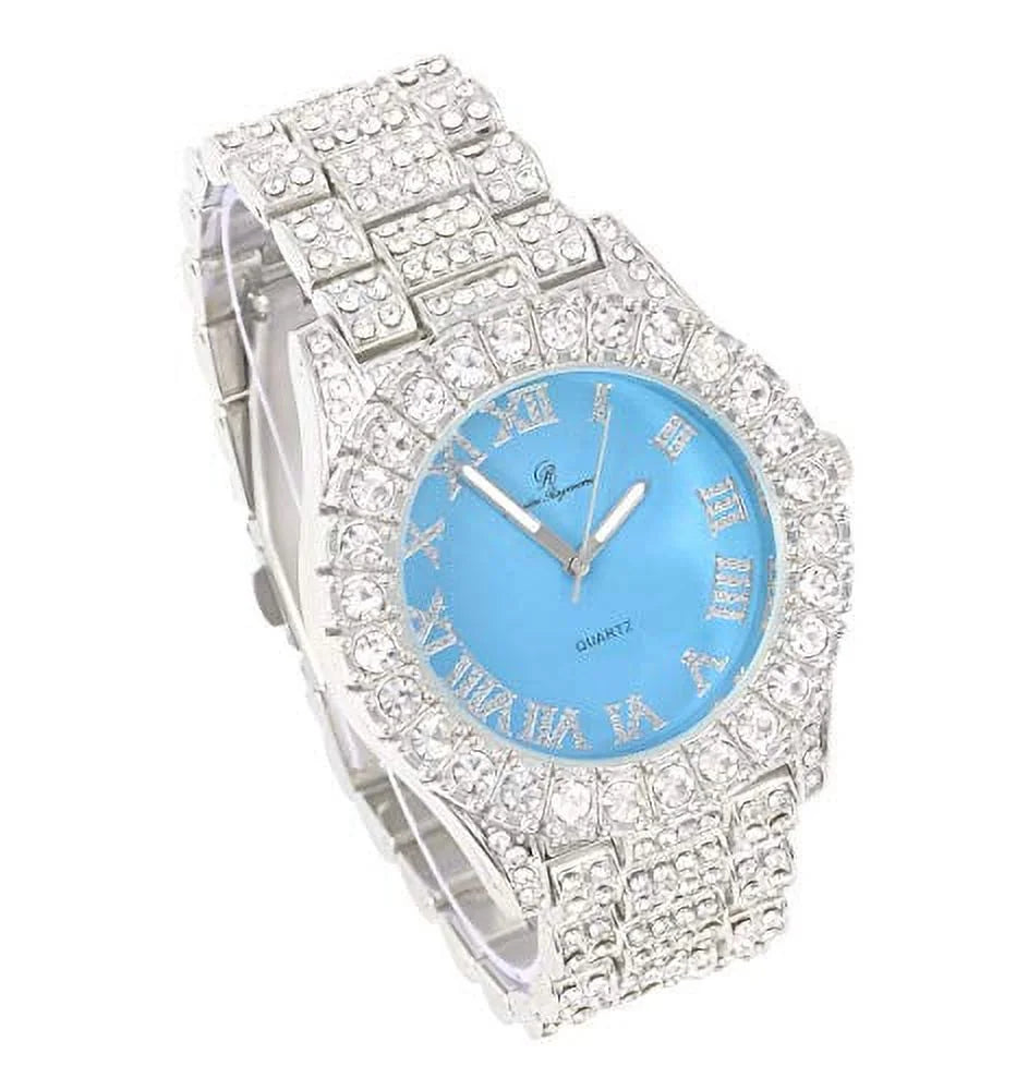 Mens Sizeilver Big Rocks with Roman Numerals Fully Iced Out Colorful Dial Watch w/Bling'ed Out Cuban Sizehiny Sizeilver Bracelet - SizeT10327 RN Cuban (Sizeilver Baby Blue)