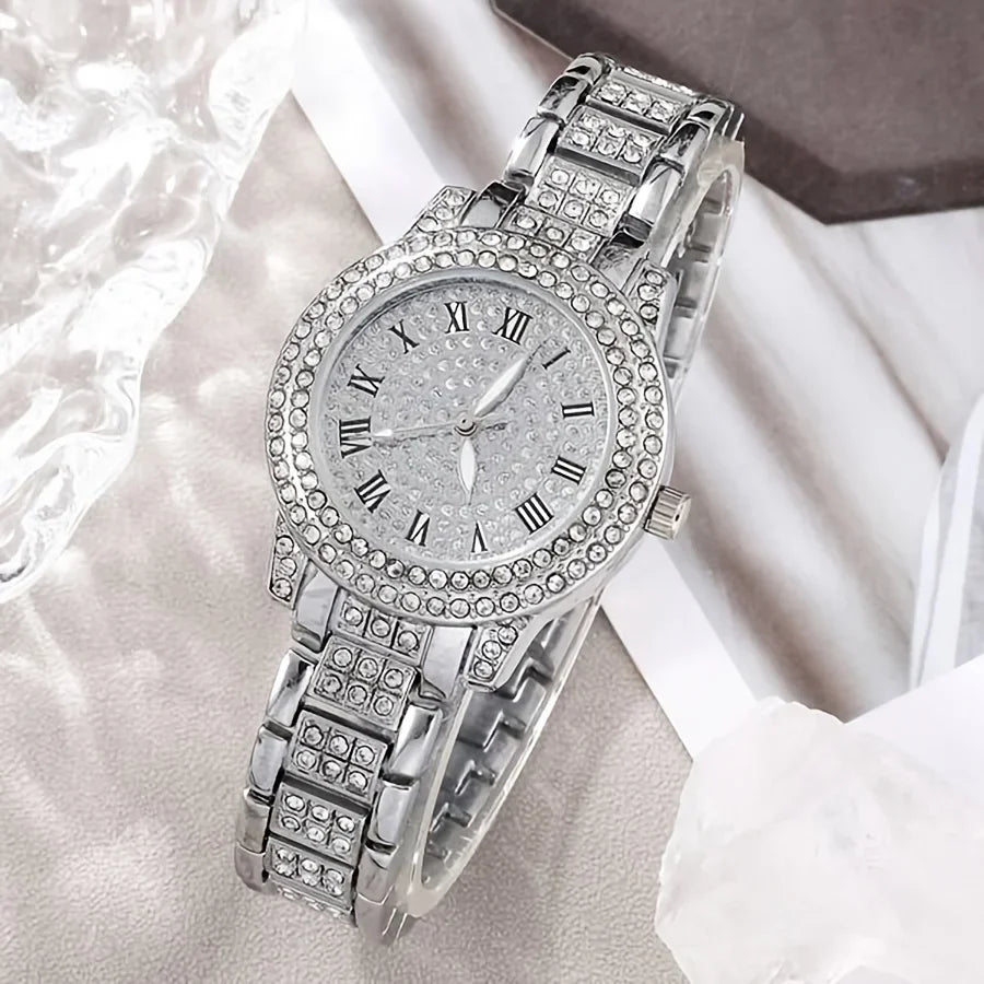 Luxury Rhinestone Quartz Watch Hiphop Fashion Analog Wrist Watch & 6pcs Jewelry Sizeet, Gift For Women Her