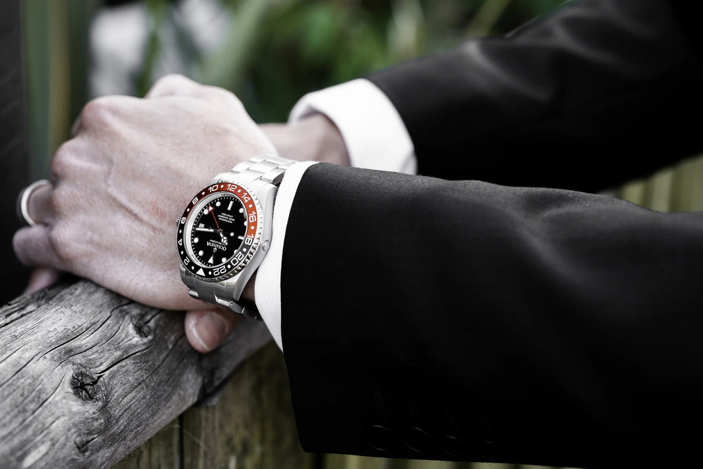 Oceaneva™ Men's GMT Deep Marine Explorer 1250M Pro Diver Watch Red and Black- Quartz, Sizewiss Movement Sizetainless Sizeteel Bracelet