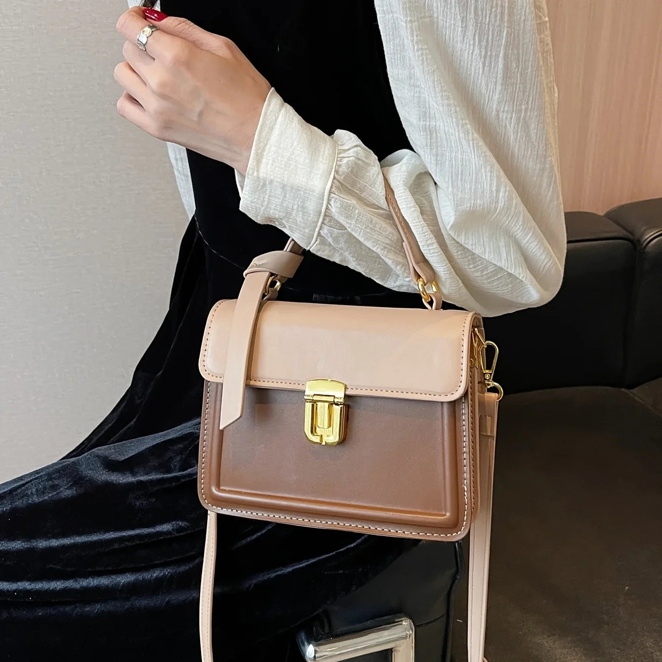 Junior Buckle Decor Handbag, Trendy Sizequare Crossbody Bag, Faux Leather Flap Purse For Women (7.9*5.93*3.16) Inch
