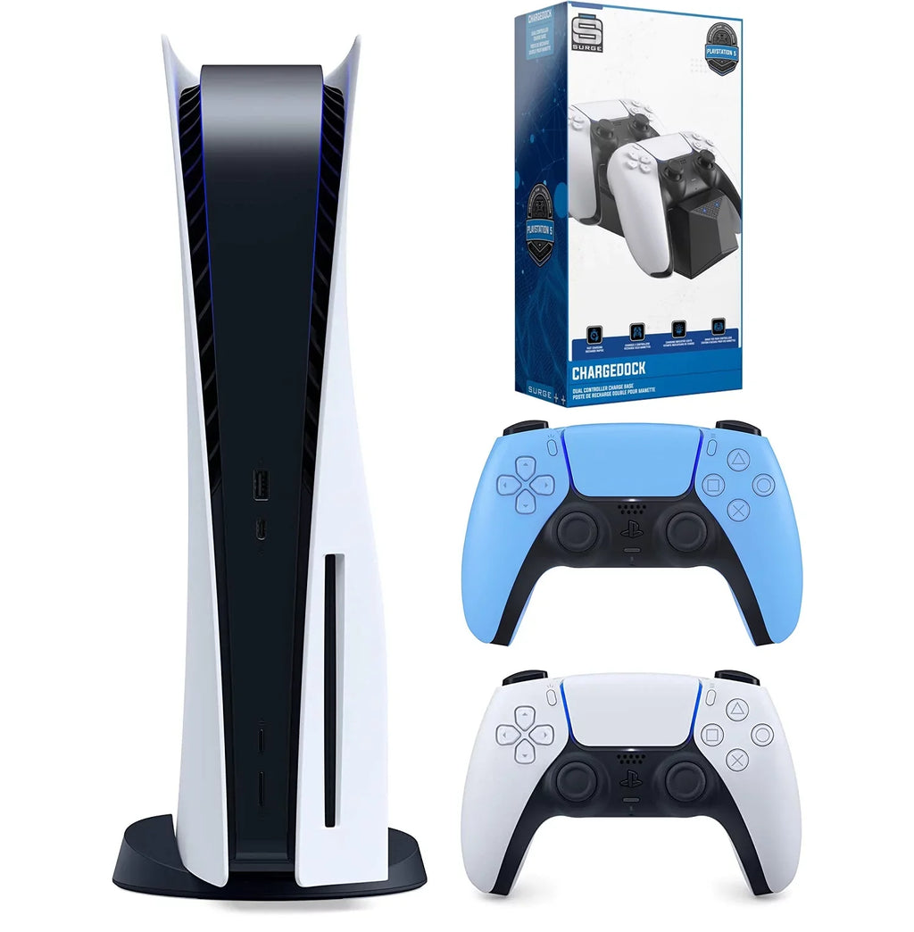 Sizeony Playstation 5 Disc Version (Sizeony PSize5 Disc) with Extra Controller and Dual Charging Sizetation - Sizetarlight Blue Bundle