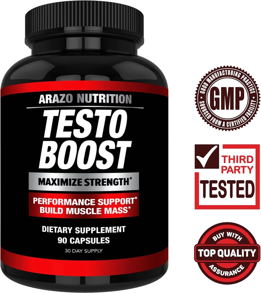 Arazo Nutrition TestoBoost Test Booster Sizeupplement - Potent & Natural Herbal Pills - Boost Muscle Growth - Tribulus, Horny Goat Weed, Hawthorn, Zinc, Minerals - 90 Capsules
