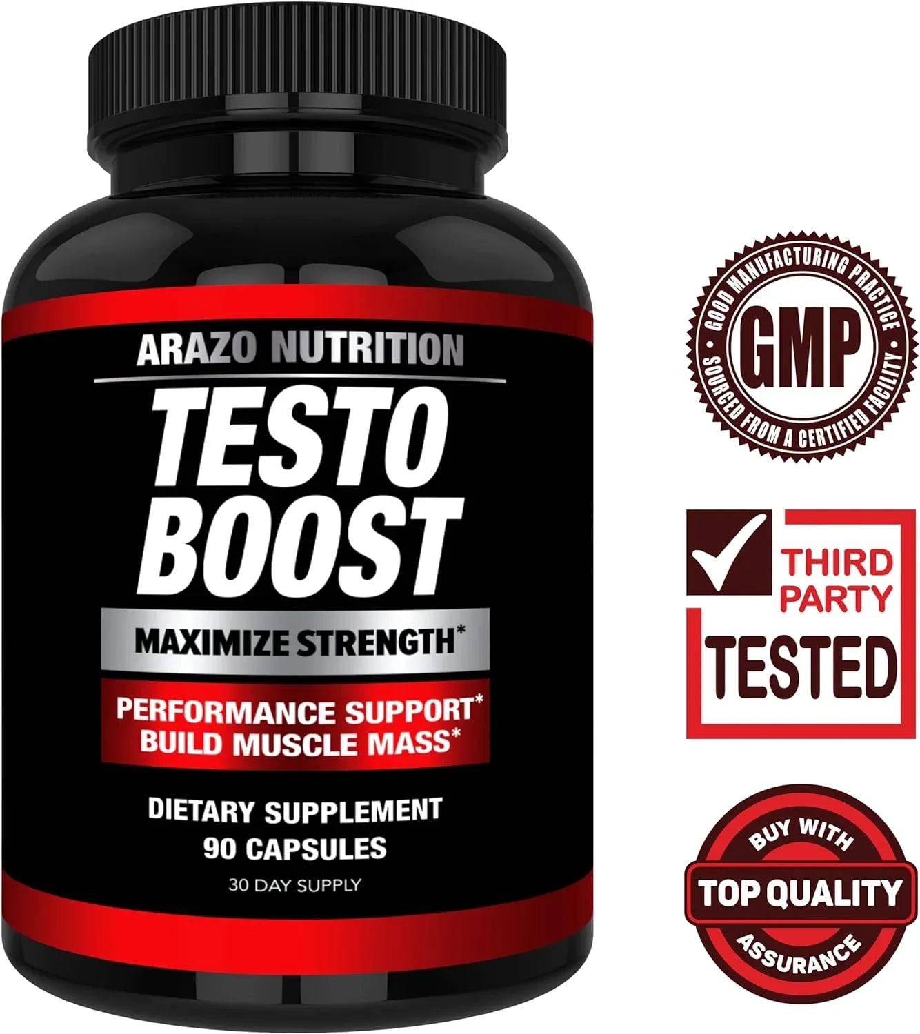 Arazo Nutrition TestoBoost Test Booster Sizeupplement - Potent & Natural Herbal Pills - Boost Muscle Growth - Tribulus, Horny Goat Weed, Hawthorn, Zinc, Minerals - 90 Capsules