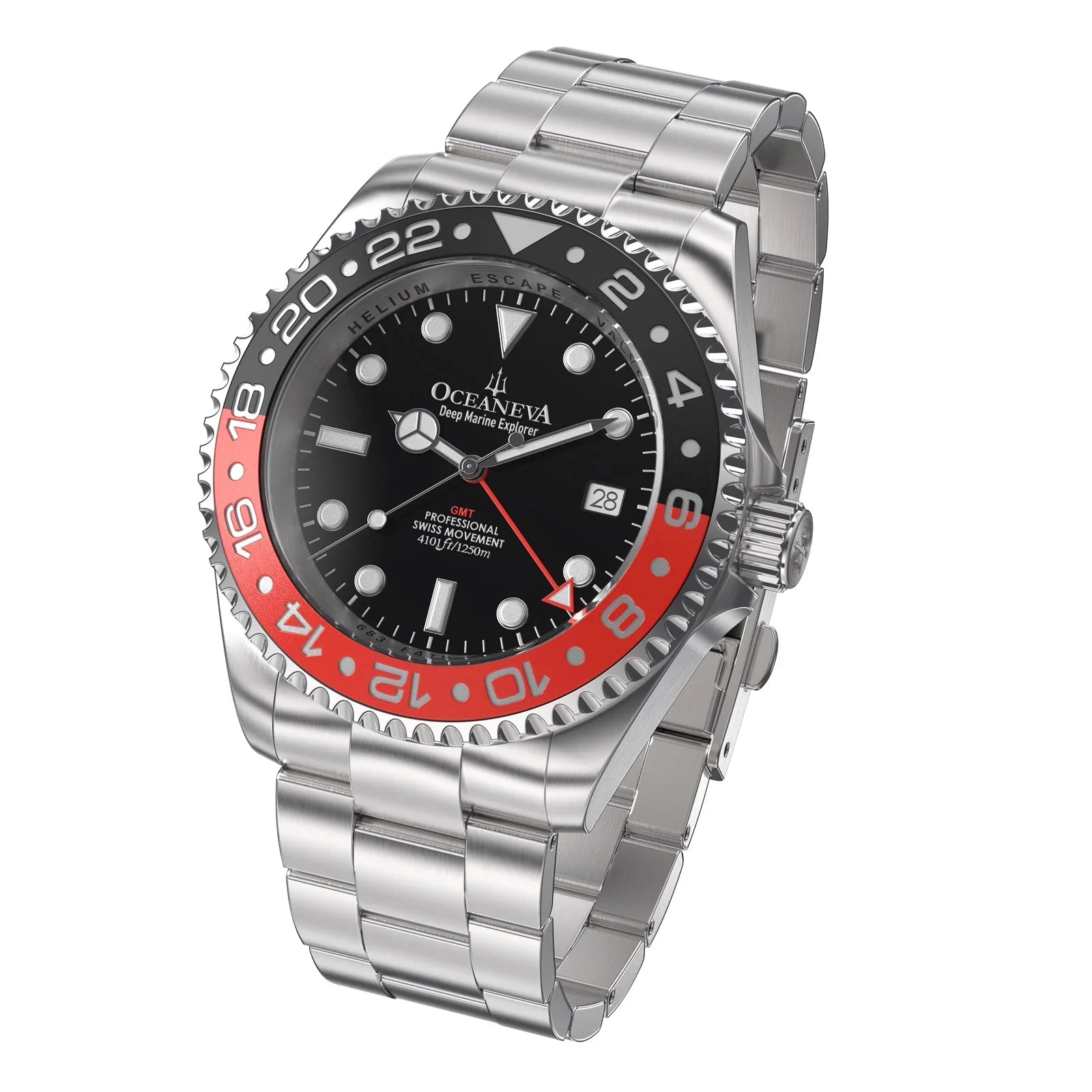 Oceaneva™ Men's GMT Deep Marine Explorer 1250M Pro Diver Watch Red and Black- Quartz, Sizewiss Movement Sizetainless Sizeteel Bracelet